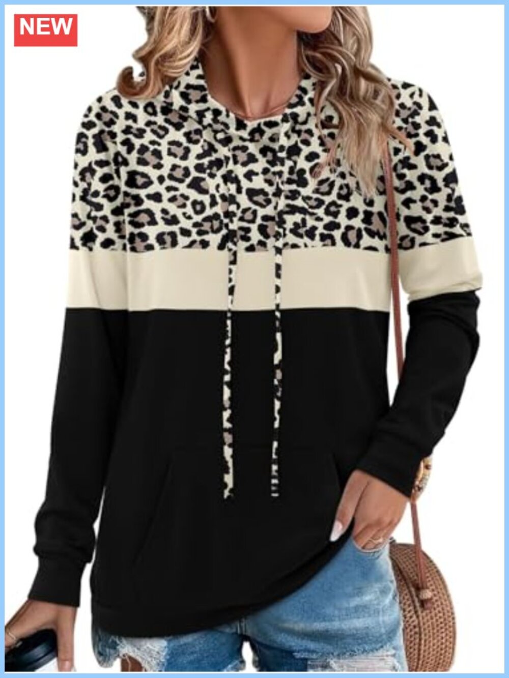 Women's Long Sleeve Pullover Hoodie Leopard Print Kangaroo Pocket